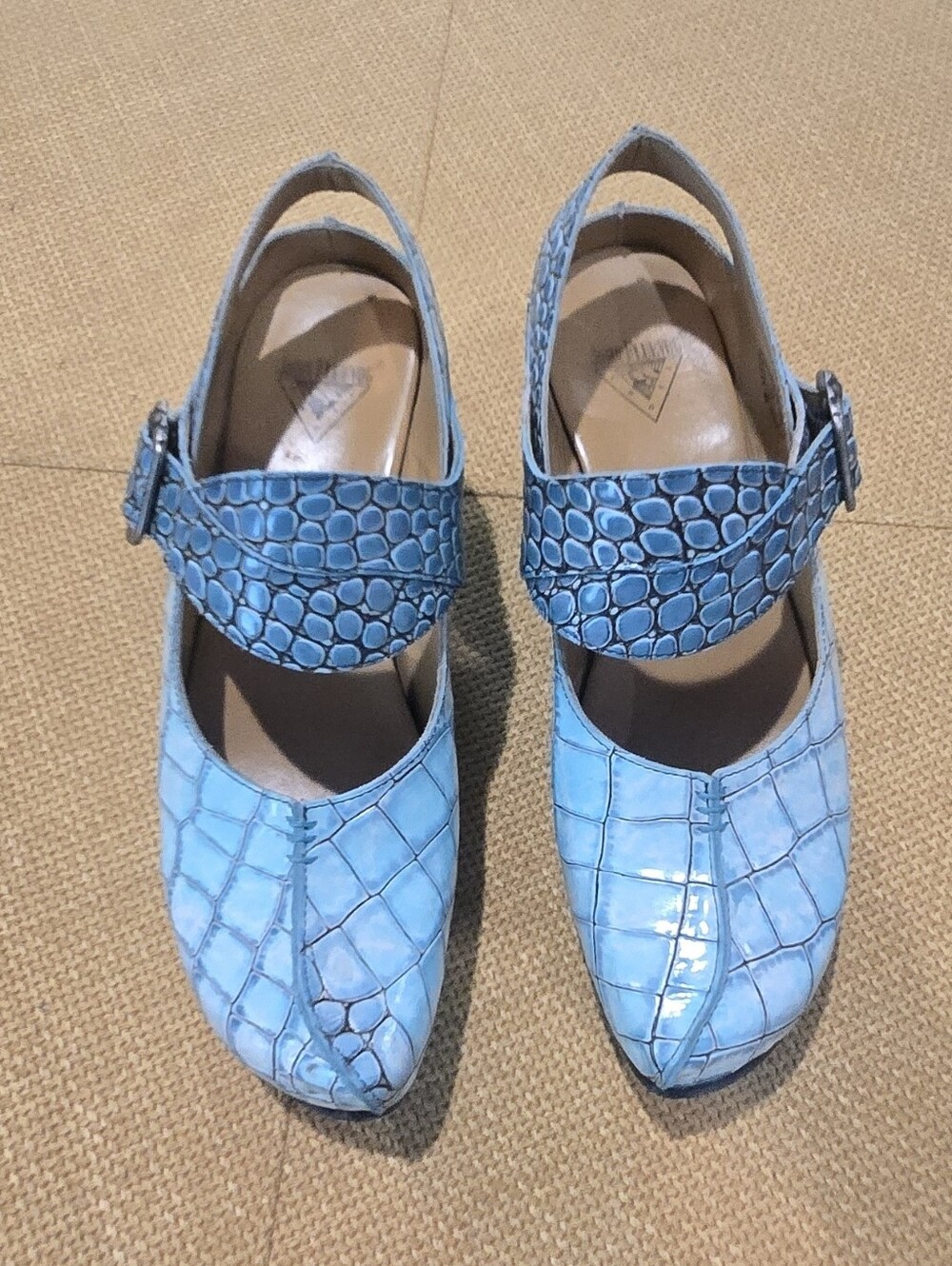 John Fluevog Light Blue Croc-Embossed Mary Jane Heels